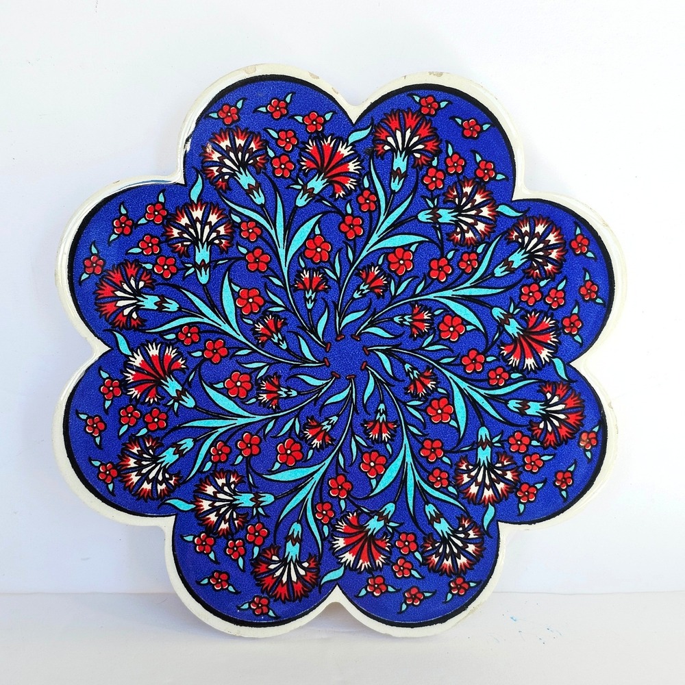 Vintage Turkish Ceramic Trivet Iznik Floral Scalloped Hot Plate Made in Turkey